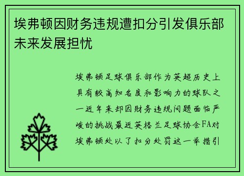 埃弗顿因财务违规遭扣分引发俱乐部未来发展担忧 埃弗顿因财务违规遭扣分引发俱乐部未来发展担忧